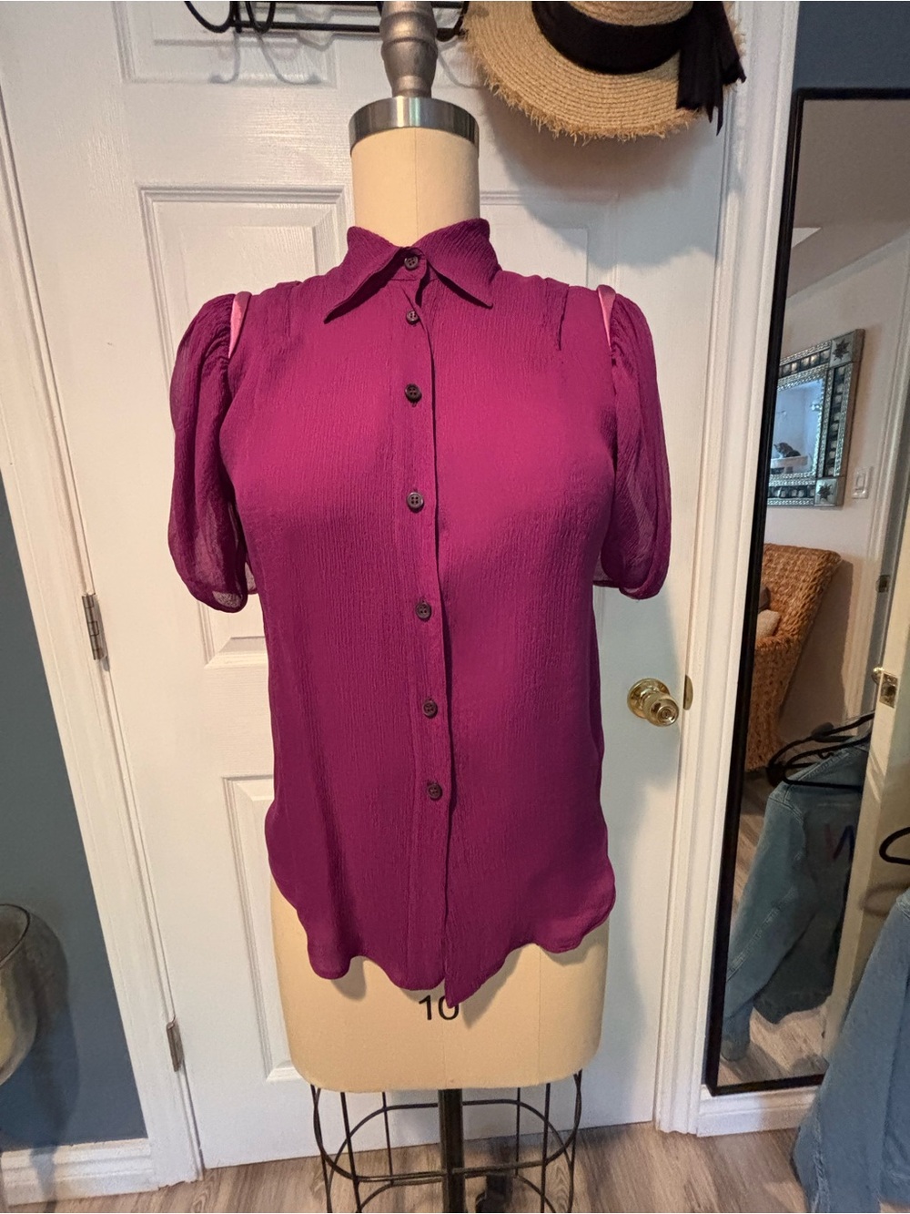Prada Magenta Button-Down Puff Sleeve Shirt